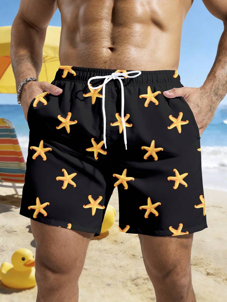 Manfinity Swimmode Quần short đi biển nam mùa hè in hình sao biển, cạp chun, có dây rút. - màu đen - Xem 1