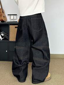 STEELVANCE 男士复古街头风时尚百搭刺绣铆钉设计宽松阔腿休闲日常牛仔裤 - 黑色 - 查看 2