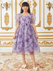 SHEIN Đầm ôm dáng thanh lịch họa tiết hoa tay phồng dành cho bé gái tuổi teen - Màu tím hoa cà - Xem 4