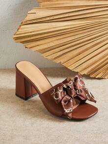 SHUZIA 女士简约时尚舒适缎带装饰圆头粗跟凉鞋 - 巧克力棕 - 查看 5