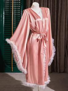 SilkySpell Bata de mujer de seda sintética de alta calidad con ajuste holgado y adorno de encaje francés elegante, versátil para otoño/invierno, color rosa - Rosa - Ver 7