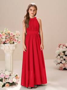 Pitira Pitira Tween Girl Solid Color Sleeveless Snug Fit Dress - Red - View 2