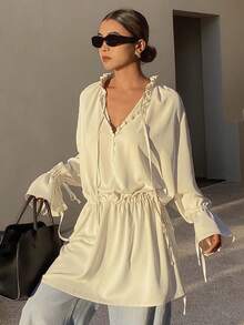 DAZY 女款素色寬鬆收腰優雅長版襯衫，春秋長袖 - 白色 - 查看 4