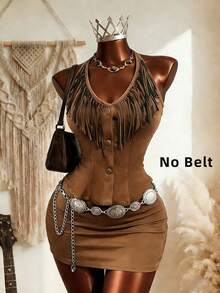 Elin Vora 复古西部风麂皮流苏露背上衣和迷你裙两件套，适合度假、派对、音乐节等场合。 - 棕色 - 查看 1