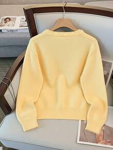 GlowEve CURVE Plus Size Elegant Pearl Crew Neck Long Sleeve Sweater - Light Yellow - View 2