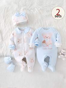 SHEIN 4件套新生儿小熊蝴蝶结装饰长袖连体衣、帽子和手套套装，家居服 - 淺藍色 - 查看 6