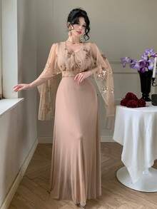 Elegant paljettblommig v-ringad volangklänning med mellanlång ärm, vår/sommar, klänning för bröllopsgäster, sommarklänning - Aprikos - Visa 5