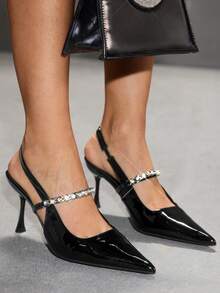 CUCCOO SZL Women's Pointed Toe Black Patent Leather Thin Heel Rhinestone Chain Strap Backless Sexy Fashion Date Night High Heels - Black - View 8