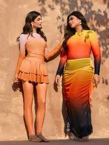 Swim Mulvari Bộ đồ bơi Burkini hai mảnh kiểu ombre dành cho nữ, thiết kế dây rút ở eo che bụng, viền bèo nhún tạo thêm vẻ duyên dáng. - Nhiều màu - Xem 3