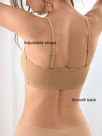  Ocili 1pc Women's Seamless No Padding Solid Color Comfortable Wire-Free Petal-Edge Square Neckline Bra With Anti-Slip Detachable Straps