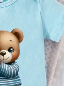 男婴休闲可爱卡通熊印花蓝色连体衣，男女通用，适合春夏穿着 - 淺藍色 - 查看 6