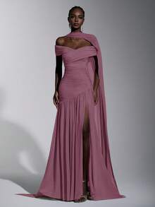 Elitara Elegant Pink Minimalist Off-Shoulder Ruched Asymmetric A-Line High Slit Dress, Suitable For Weddings, Formal Events, Galas, And Cocktail Parties - Dusty Pink - View 8