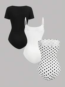 Girlism 3件套少女连体衣：短袖连体衣+吊带连体衣+波点印花吊带连体衣 - 黑與白 - 查看 2