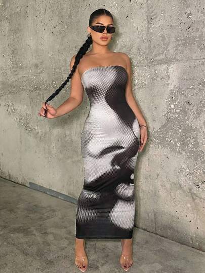 SHEIN SXY Women Face Print Bandeau Dress,Carnival,Party,Rave Outfit ,Summer, Spring,Going Out,Y2K