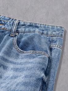 Manfinity Denimwave Jeans casuales de corte recto y suelto con lavado claro, estampado gráfico de ángel láser, estilo callejero, /verano - Azul - Ver 4