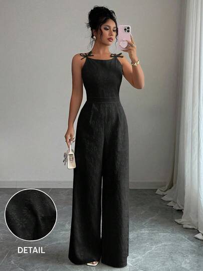 Elenzga Women's Elegant Jumpsuit With Shoulder Bow Decor, Jacquard Fabric, Cinched Waist, Wide Leg, Suitable For Daily Commute