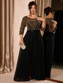 Cravure 大码女式中袖派对连体裤，饰有金银线拼接 - 黑色 - 查看 7