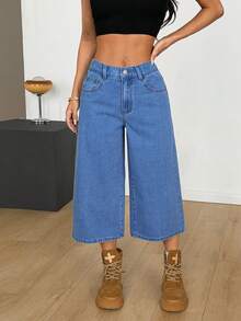 SHEIN PETITE 女士休闲通勤水洗阔腿牛仔裤 - 中等水洗藍 - 查看 3