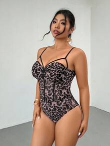 Firerie Plus Size Adjustable Fishbone Cup Leopard Print Bodysuit, Elegant - Multicolor - View 4