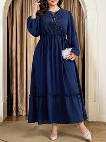 Al Najma Plus Size Women Contrast Lace Tie-Up Fringe Ruched Elegant Waist Lantern Sleeve Party Dress Fall - Navy Blue - View 7
