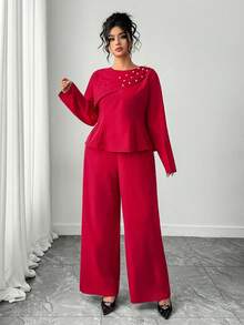 Elenzga 大码女式红色长袖珍珠肩部设计收腰上衣搭配阔腿裤套装，优雅红色两件套通勤装，红色荷叶边上衣搭配长裤，完美适用于圣诞节、新年派对和其他节日场合，让你成为焦点。 - 紅色 - 查看 4