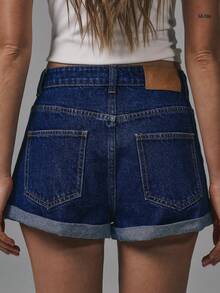 MUSERA Mid Waist Turn Up Hem Classic Denim Shorts Basics Autumn  Fall Cute Streetwear Going Out Casual Core Denim Spring Summer - Dark Wash - View 6