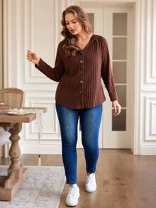 EMERY ROSE Plus Size Chocolate Brown Rib-Knit T-Shirt With Hooded Neckline,Long Raglan Sleeves,Button Detail Top Everyday Smart Casual Silky Autumn White Fall - Brown - View 4