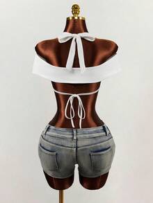 Mistrie Women's Sexy Deep V-Neck Fashion Ruched Designer Short-Sleeve Blouse - White - View 2