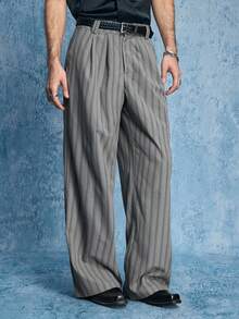 ROMWE MEN Street Life Men's Striped Straight Leg Loose Casual Suit Pants - smoke gray - View 4