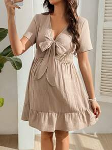 SHEIN Đầm bầu dáng suông thoải mái, buộc dây, có bèo nhún ở gấu, dành cho phụ nữ. - Màu Khaki - Xem 7