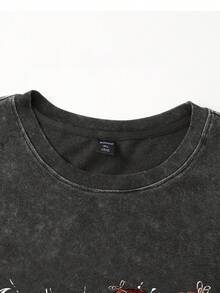 Manfinity EMRG Men's Dark Grey Acid Wash Cupid Angel Heart Balloon Print Oversized T-Shirt | Valentine's Day Vintage Rose Flower Graphic Tee | Y2K Goth Streetwear Romantic Love Art Short Sleeve Top | Summer Holiday Distressed Washed Loose Fit Crew Neck Shirt,Men's Round Neck Angel Letter Print Casual Versatile Daily Short Sleeve T-Shirt Vintage Angel Shirt Religious Graphic Tee Cupid T-Shirt Cherub Graphic Tee - Black - View 7