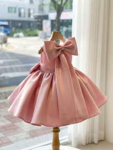 SHEIN Tween Girl Elegant Round Neck Sleeveless Bow Decor Puff Princess Dress Tween Girl - Dusty Pink - View 5