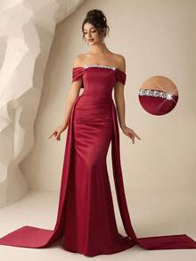 Coutiva Váy dạ hội trang trọng không dây đính đá Rhinestone dành cho nữ, tay áo xếp nếp - Màu Đỏ Sâu - Xem 3