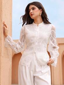 Graceveil 刺绣收腰女士休闲衬衫 - 白色 - 查看 1