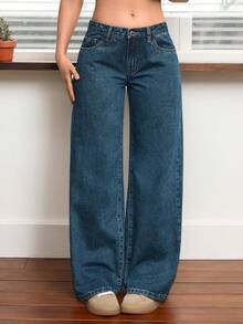 Jeans casuales de pierna recta y ajuste holgado para mujer con bolsillos, jeans rectos de moda, pantalones vaqueros holgados de mezclilla lavada, estilo vintage y casual, pierna ancha y talle alto para uso diario, cómodos, elásticos y aptos para todas las estaciones - Azul lavado claro - Ver 1