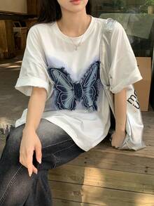 DAZY 女士夏季美式风格毛边蝴蝶贴片宽松休闲独特设计T恤 - 白色 - 查看 7