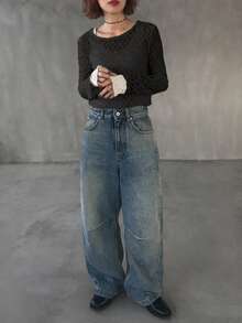 FRIFUL Áo nữ tay dài cổ tròn phối màu tương phản, chất liệu ren xuyên thấu, kiểu dáng thường ngày đa năng, thích hợp cho mùa thu/đông. - màu đen - Xem 2