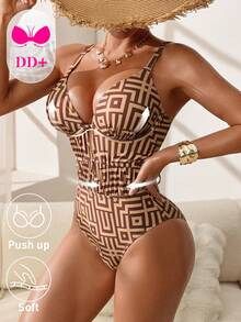 Swim DD+ 1pc Women's DD+ Cup Sexy Gathered Underwire Waist Drawstring Slimming Printed One-Piece Swimsuit, Spring/Summer - Multicolor - View 4