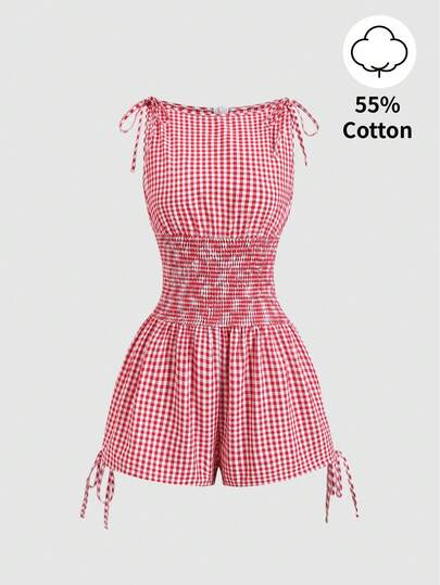 Sweetra Rotes kariertes rückenfreies Schleife Taille Romper für Frauen, eleganter vintage minimalistischer Lässig Romper geeignet für Frühling/Sommer, Strand, Pendeln