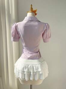 Elamini Women's Pink Striped Summer Deep V-Neck Puff Sleeve Layered Bust Design Waist Cinched Slim Sexy Sweet Vacation Style Blouse - Pink - View 2