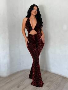 SHEIN SXY Bộ jumpsuit dài không tay, cổ yếm, cổ chữ V khoét sâu, ống loe, họa tiết da báo gợi cảm, phong cách đường phố và clubwear. - Đỏ - Xem 5