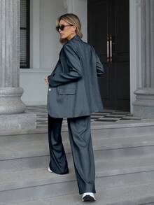 Aveloria Modichic Conjunto de 2 piezas con blazer de talle medio ajustado y pantalones acampanados para mujer - Azul - Ver 3