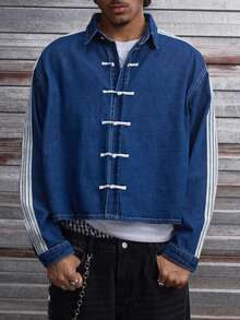 AXEPEAK 男士水洗牛仔夹克，中国风时尚条纹印花长袖休闲外套 - 藍色 - 查看 2