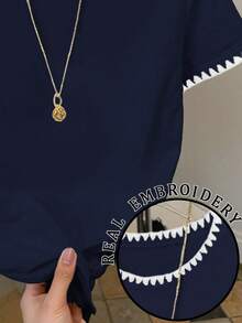 Resyla Camiseta casual de mujer con bordado y ribete de contraste, verano - Negro - Ver 3