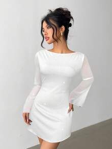 Aloruh Elegant Bow Tie Backless Sexy Glitter Fabric Fitted Mini Dress,White Dresses For Women - White - View 4