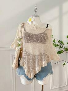 SHEIN EZwear Plus Size Women Casual Ruffled Semi-Sheer Poncho Sweater, Suitable For Summer Outing And Dating - Apricot - View 1