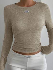Livesso Women's Casual Solid Color Basic T-Shirt, Spring - Khaki - View 4