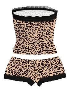 Zyxie Women's Sexy Leopard Print Contrast Lace Camisole Top And Shorts 2-Piece Set, Summer - Yellow - View 2