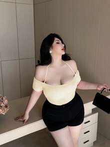 Vibekara 大码女式纯色露肩吊带性感百搭上衣 - 杏色 - 查看 3