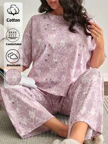 EURMUSE Conjunto de pijama de mujer de talla grande de algodón con pantalón largo y camisa de manga corta con estampado de corazones de color contrastante para estar cómoda en casa - Multicolor - Ver 4